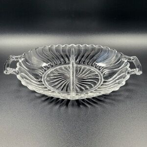 VTG Fostoria Colony 2412 Swirl Glass 9" Oval 2 Part Relish Dish with Handles‎